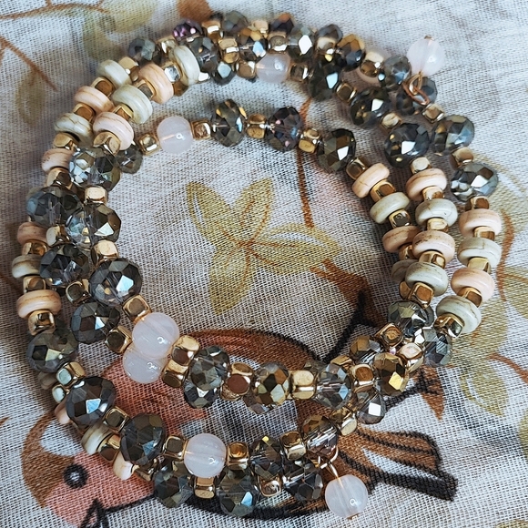 Faceted Gray Glass Stone Rose Quartz Lucite Beaded Memory Wire Bracelet Large - Picture 4 of 13